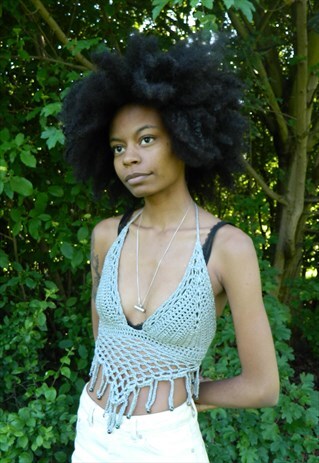 GREY CROCHET FRINGE CROP TOP