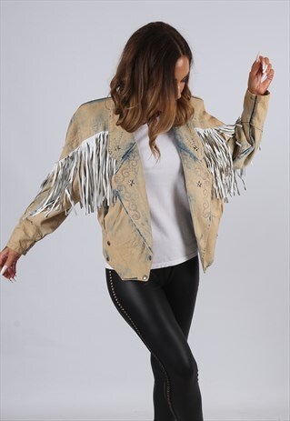 VINTAGE DENIM TASSEL FRINGE JACKET ACID WASH UK 8 XS (J3L)