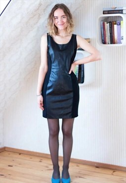 Black sleeveless faux leather dress