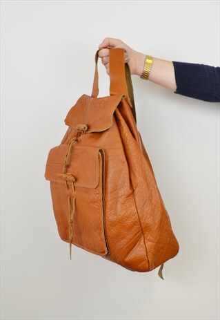 LEATHER DRAWSTRING BACKPACK TAN BROWN TOGGLE FASTENING