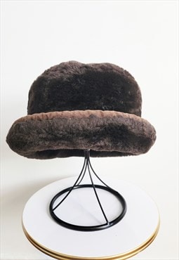 Brown Shaved Fur Bucket Hat, Vintage Brown Fur Hat