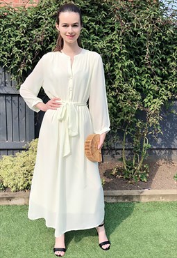 Long Sleeve Chiffon Maxi Dress in plain light yellow white 