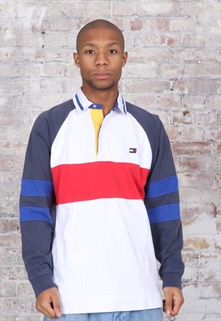 VINTAGE TOMMY HILFIGER LOGO BLOCK COLOUR RUGBY SHIRT WHITE