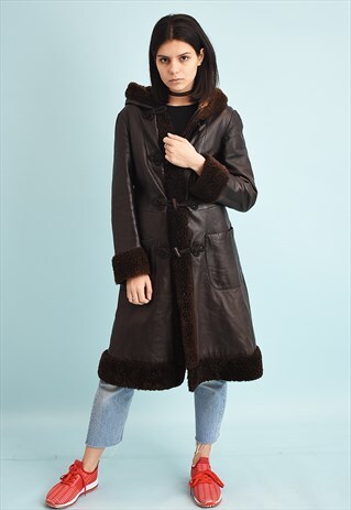 80'S RETRO FAUX LEATHER LONG FAUX FUR DETAILED COAT