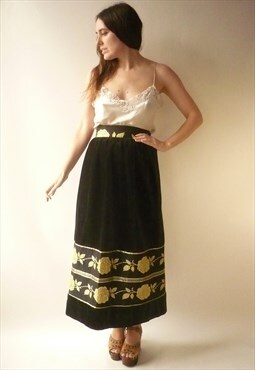 1970's Vintage Black Velvet Folk Skirt With Gold Flowers