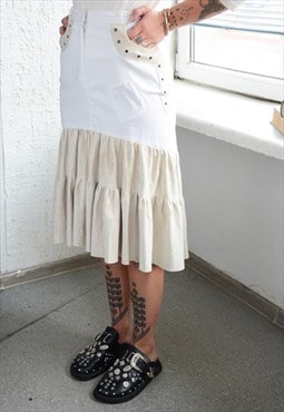 Vintage 80's White/Beige Midi Western Style Skirt