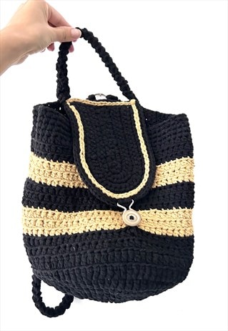 HANDKNIT BOHO STRIPED BUCKET BAG / BACKPACK 