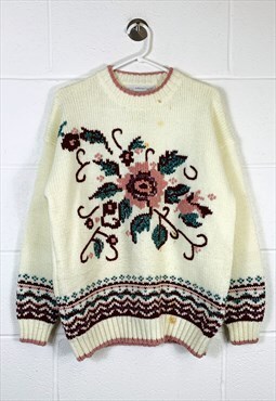 Vintage Knitted Jumper Cream Flower Patterned