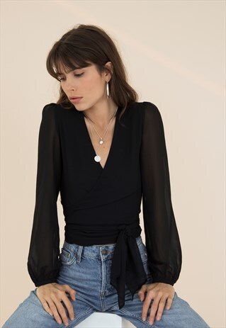 HESTIA BLACK WRAP FRONT BLOUSE