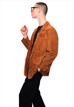 Vintage 80s men's suede leather jacket in brown