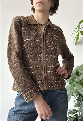 VINTAGE 90'S UNIQUE WOOL EMBROIDERED BROWN ZIP UP JACKET