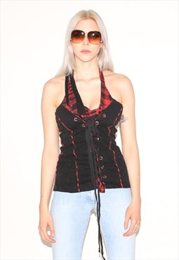 Vintage Y2K plaid tie top in black / red