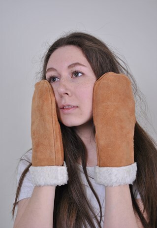 VINTAGE BEIGE MITTENS, 80S RETRO WINTER CUTE GLOVES
