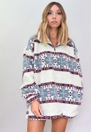 VINTAGE OVERSIZED 1/4 ZIP PATTERNED TEDDY FLEECE