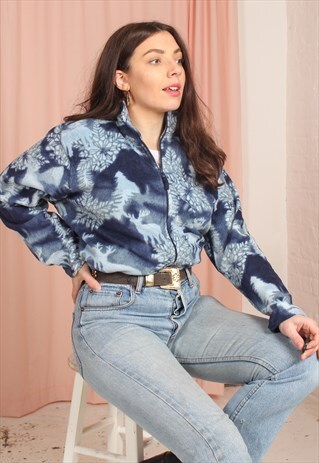 VINTAGE 90S ZIP FLEECE IN BLUE ABSTRACT PRINT
