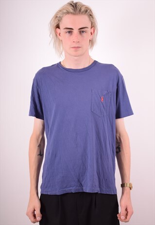 POLO RALPH LAUREN MENS VINTAGE T-SHIRT TOP SMALL BLUE 90S