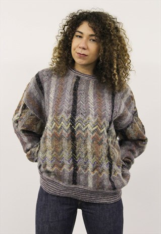 VINTAGE 1980S PURPLE AND GREY PATTERNED JUMPER