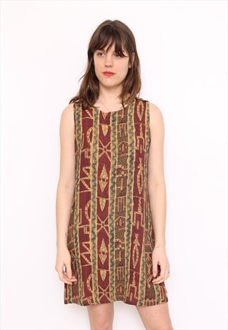 VINTAGE 90S BROWN BOHO PRINT MINI DRESS