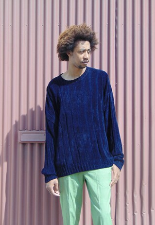 90S OVERSIZE MINIMALIST SKATER LUXURY BLUE VELOUR JUMPER XXL