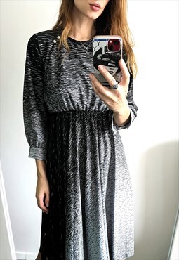 Ombre Gray Black Patterned Midi Long Sleeve Day Casual Dress
