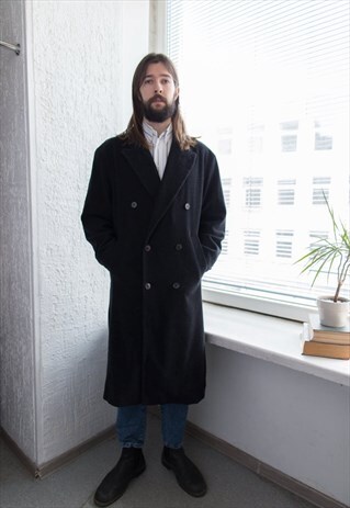 VINTAGE 80'S GREY/BLACK DOUBLE BREASTED WOOL COAT