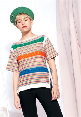 VINTAGE KNIT TOP 70S HIPPIE STRIPED FLARE SLEEVE BLOUSE