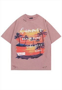 Surfer t-shirt tropical print tee grunge ripped top in pink