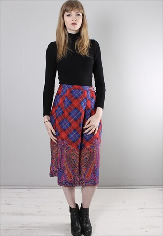 VINTAGE 80S TARTAN PAISLEY PATTERNED MIDI SKIRT