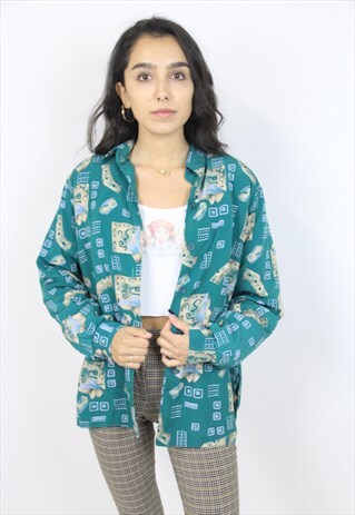 VINTAGE 90'S TEAL PATTERNED SHIRT