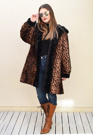 VINTAGE HOODED ANIMAL LEOPARD PRINT FAUX FUR COAT