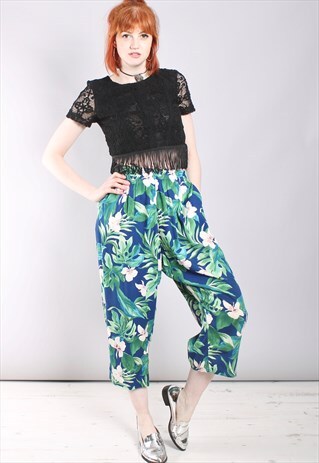 VINTAGE 80S HAWAIIAN FLORAL HIGH WAISTED CROPPED TROUSERS