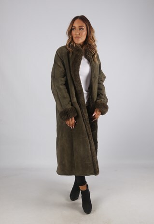 VINTAGE SHEEPSKIN SUEDE SHEARLING COAT LONG UK 14 - 16 (J9AP