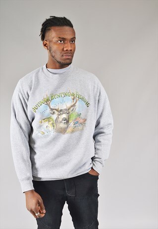 VINTAGE OUTDOOR HUNTING & FISHING SWEATSHIRT GREY