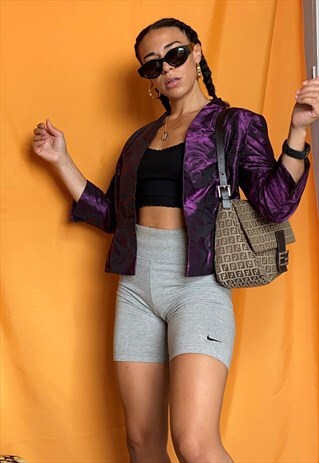 VINTAGE 80S JACQUARD SATIN FLORAL TAILORED CROPPED JACKET