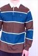 VINTAGE TIMBERLAND STRIPED RUGBY POLO SHIRT IN BLUE &BROWN M