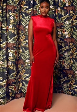 Simple long red velvet dress