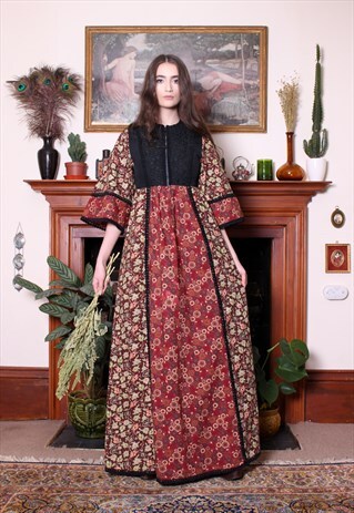 VINTAGE 70S ANGELA GORE RUSSET FLORAL LACE HIPPIE MAXI DRESS