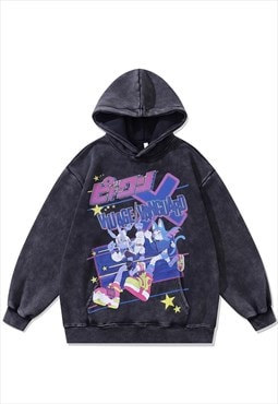 Anime print hood vintage wash pullover Japanese jumper grey