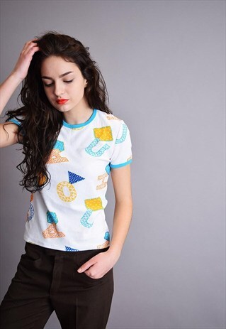 70'S RETRO MOD ABSTRACT COMIC PATTERN PYJAMAS BLOUSE TOP