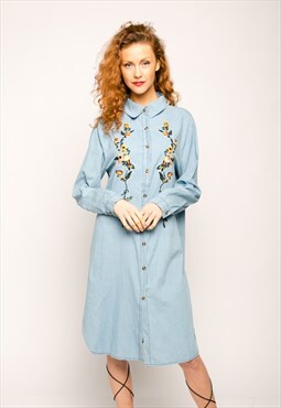 Floral Embroidered cotton denim long sleeves shirt dress