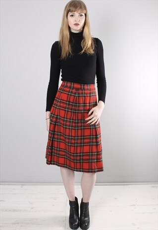 VINTAGE 80S RED TARTAN CHECK PLEATED MIDI SKIRT