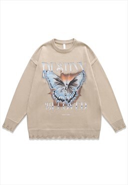 Butterfly sweater Anime knit distressed grunge jumper beige