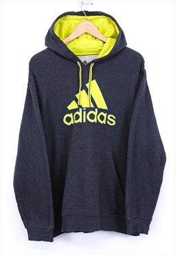 Vintage Adidas Hoodie Dark Grey With Yellow Spellout Logo 