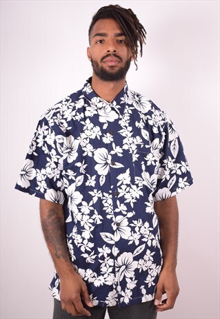 MENS VINTAGE HAWAIIAN SHIRT XXL NAVY BLUE FLORAL 90S
