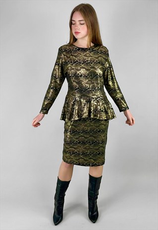 80's Vintage Gold Black Snake Effect Long Sleeve Dress