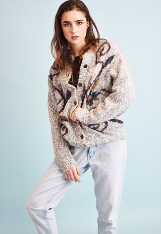 80'S RETRO ABSTRACT PATTERN KNITTED OVERSIZED CARDIGAN