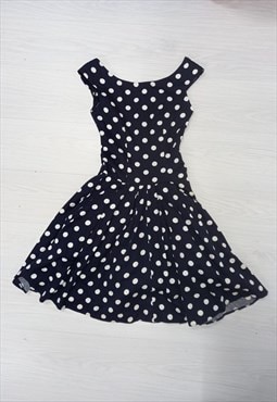 00's Vintage Etam Dress Navy Blue Polka Dot