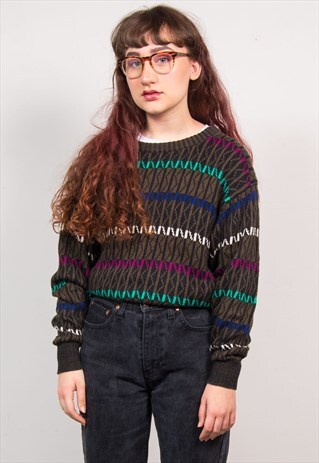 VINTAGE 90'S DARK GREEN ZIG ZAG PATTERN KNIT JUMPER
