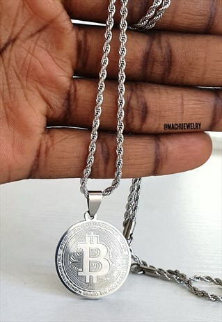 SILVER BITCOIN NECKLACE PENDANT BTC COIN NECKLACE