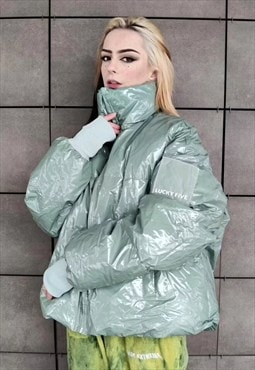 Shiny Plastic crop bomber quilted puffer jacket pastel green